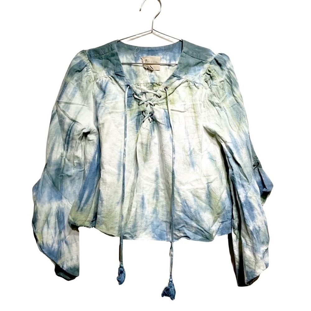 Moon River Crop Top Tie Dye Shirt Size L Slouchy- String Boho Flared Sleeve